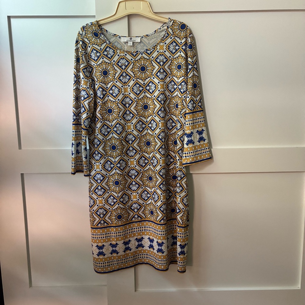 Jean- Pierre Klifa Elegant Long Sleeve Geometric Dress in Blue and Gold, L